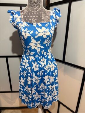 Blue Floral Square-Neck Mini Dress with Ruffle Cap Sleeves